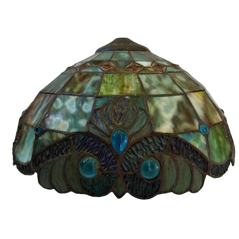 Tiffany Style Blue Stained Glass Lamp Shade Peacock Design Vintage MCM Plastic